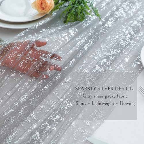 Snowkingdom Silver Gray Table Runner 10FT, Sheer Sparkly Shiny Glitter Sparkle Cheesecloth Tulle Elegant Centerpiece Modern Dining Decor for Wedding Party Bridal Shower Birthday Christmas New Year - Image 3