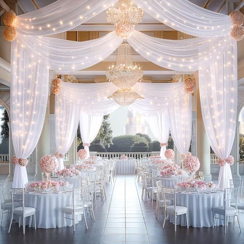 6 Panels White Ceiling Curtains with Lights for Weddings - 5ftx30ft Wrinkle-Free Tulle Fabric Wedding Arch Draping Ceiling Drapes Decorations for Wedding Party Ceremony Stage Tent Event - Image 4