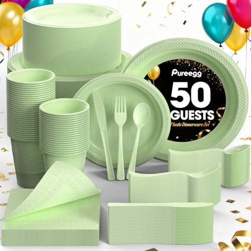 Pureegg Plastic Plates Set 350 Pcs Sage Green for 50 Guests - Image 3
