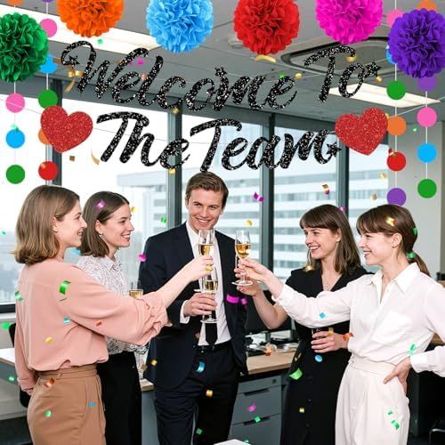 Welcome To The Team Party Decorations Black Glittery Welcome Signs Banner Hanging Swirls Colorful Paper Pompoms Circle Dots Garland for New Employee Coworker Teacher Colleague Staff Team Member Office Party - Image 3