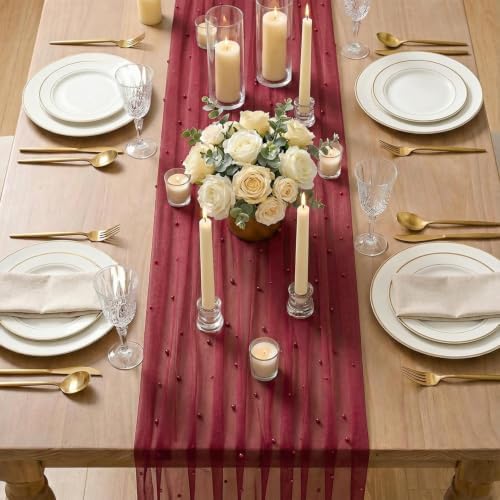Artoid Mode 6-Pack Pearl Burgundy Gauze Table Runner 10FT Home Decor - Image 5