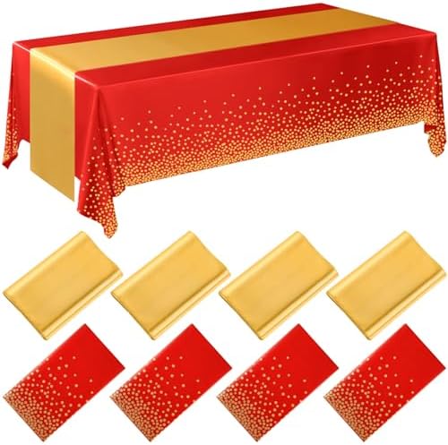Breling 8 Pack Red and Gold Tablecloths and Satin Runners Set by Breling