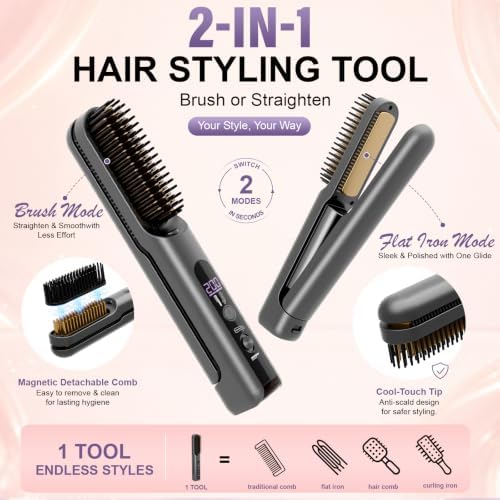 Go Brush Pro 2026, Upgraded 2 in 1 Cordless Hair Straightener Brush, Gray - Image 3