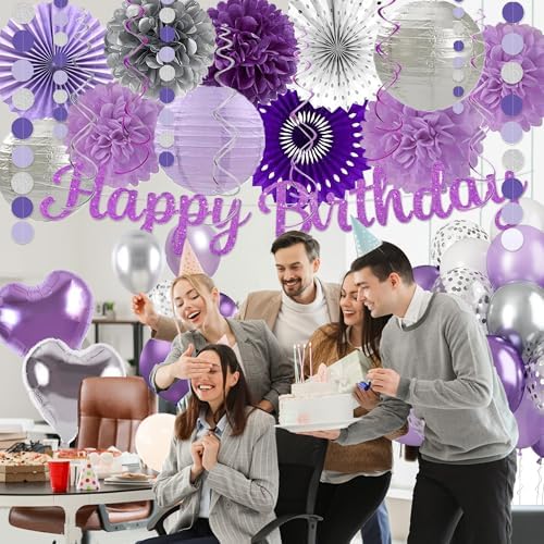Purple Silver Birthday Party Decorations Kit with Happy Birthday Banner, Paper Lanterns, Streamers, Tissue Pom Poms, Honeycomb Flower Fans, Silver and Purple Balloons, & More for Women Girls' Party - Image 7