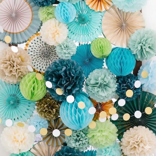 PapaKit 26pc Deluxe Large Sage Green & Gold Party Decoration Set - Premium Paper Fans, Honeycomb Balls & Pom Poms Backdrop - Party Wall Decor for Baby Shower, Wedding, Birthday, & Bridal Shower - Image 7