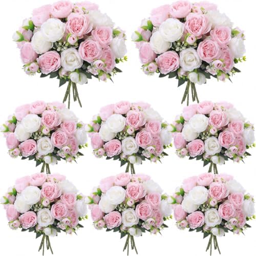 Geosar 8 Bundles Artificial Peonies Flowers,White and Pink by Geosar