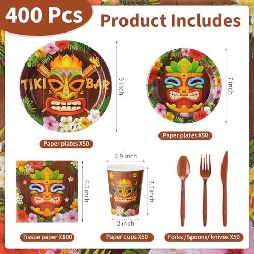 Pickmesh 400 Pcs Tiki Party Supplies, Hawaiian Luau Tableware for 50 Guest - Image 2