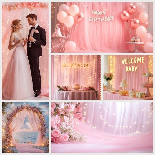 Tulle Curtain Backdrop with 300 LED Fairy Lights for Parites Wrinkle-Free Sheer Curtain Drapes Photo Back Drop for Wedding Baby Shower Bridal Shower Birthday Dance Home Décor - 10ft×10ft, Pink - Image 2