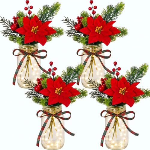 4 Sets Christmas Mason Jar Centerpiece with LED Lights by Tianxunewtig