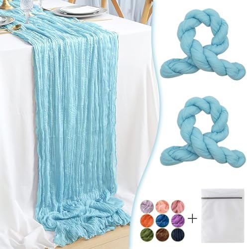 Baby Blue Cheesecloth Table Runner 2 Pack 35" Boho Gauze Cheese Cloth 120 inches Long Rustic Sheer Fabric Bulk for Baby Shower Wedding Bridal Birthday Party Table Decorations by Waligoy