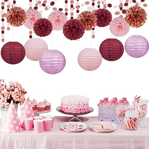 Rose-Gold Pink Burgundy Party Decorations - 15Pcs Tissue Pom Poms Paper Flowers Paper Lanterns Girl Birthday Baby Bridal Shower Bachelorette Engagement Wedding Mothers Day Valentines Galentines Decor - Image 4