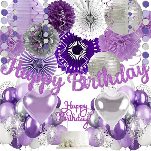 Purple Silver Birthday Party Decorations Kit with Happy Birthday Banner, Paper Lanterns, Streamers, Tissue Pom Poms, Honeycomb Flower Fans, Silver and Purple Balloons, & More for Women Girls' Party by IHEPYQ