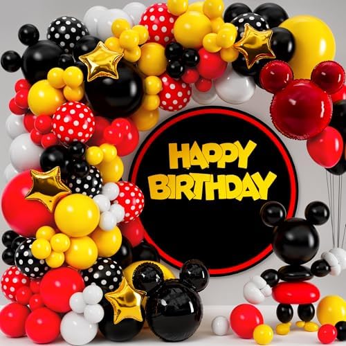 ALL-IN-1 Red Black Yellow Balloon Arch Kit with BONUS Gold Stars for Cartoon Birthday Party Decorations - Different size Balloons in Red Yellow and Black color for Birthday Decorations by SherylDecor