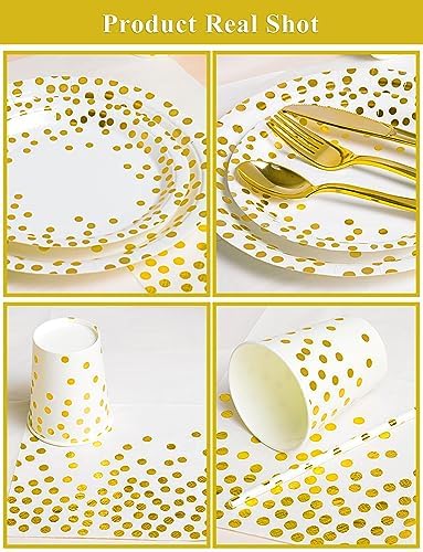Nkaiso 141Pcs White Gold Paper Plates and Napkins Party Supplies for20 - Image 2