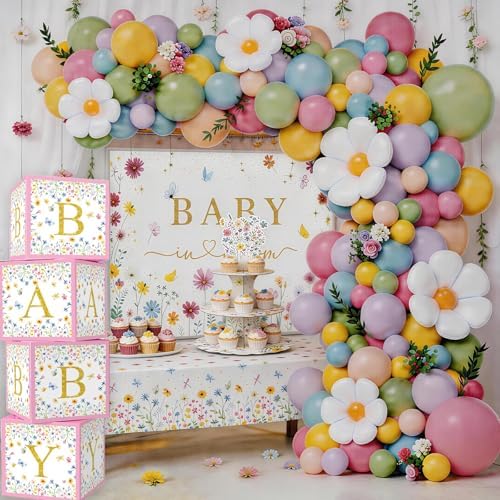 Baby In Bloom Baby Shower Decorations, 175Pcs All in One Set Wildflower Baby Shower Decorations Boxes Banner Backdrop Tablecloth Cake Topper Balloon Sash for Floral Baby in Bloom Shower Party Girls - Image 5