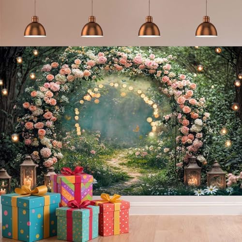 6x6ft Enchanted Forest Wedding Photography Backdrop Wonderland Roses Fairy Tale Backdrop Pink Flower Birthday Newborn Baby Shower Wedding Bridal Party Banner Photo Booth Props Anniversary Background - Image 3