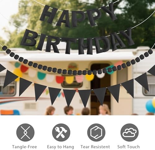 CANREVEL 3 PCS Pre-Strung 3D Happy Birthday Banner Decorations, Black - Image 3
