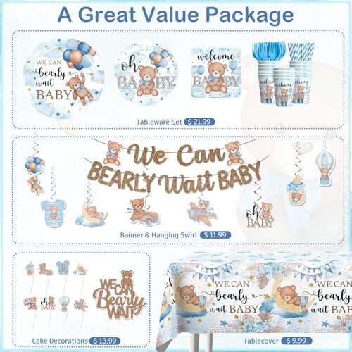 216PCS Blue Baby Shower Decorations Serves 25, Boy Baby Shower Include Banner, Plates, Balloons, Cake Topper and Tablecloths, for Baby Boy Shower Decorations - Image 4