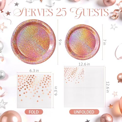 Rose Gold Party Decor, 75 Pcs Iridescent Paper Plates and Napkins Set - Image 2