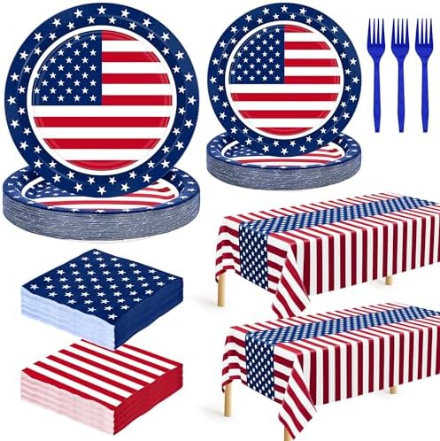 122 PCS American Flag Paper Plates and Napkins, Patriotic Party Tableware by QZYL