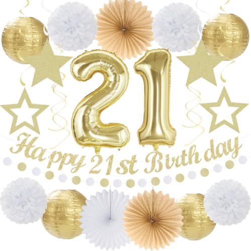 Gold White 21st Womens Happy Birthday Party Decorations Hugmoon by PartyDecorations