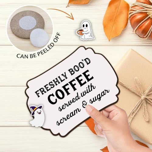 Halloween Table Sign 5x7 Inch Ghost Decor, Rustic Party Centerpiece with Metal Stand & 2 DIY Stickable Wood Decor, Freshly Bood Coffee Table Decoration for Home & Party Display - B06 - Image 4