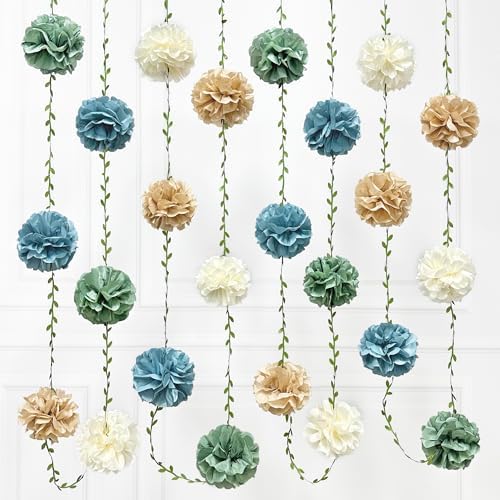 Sage Green Dusty Blue Khaki Beige Tissue Paper Flowers Pom Pom with Leaf Ribbon Hanging Garland Streamer for Birthday Wedding Shower Engagement Silly Goose Themed Party Decorations Supplies by pinkblume