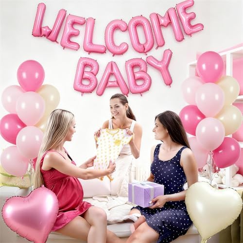 Pink Baby Shower Decorations for Girl, WELCOME BABY Girl Letter Foil Balloons Banner Backdrop with Retro Pastel Pink Cream Beige Latex & Heart Balloon for Princess Newborn Gender Reveal Party Decor - Image 6