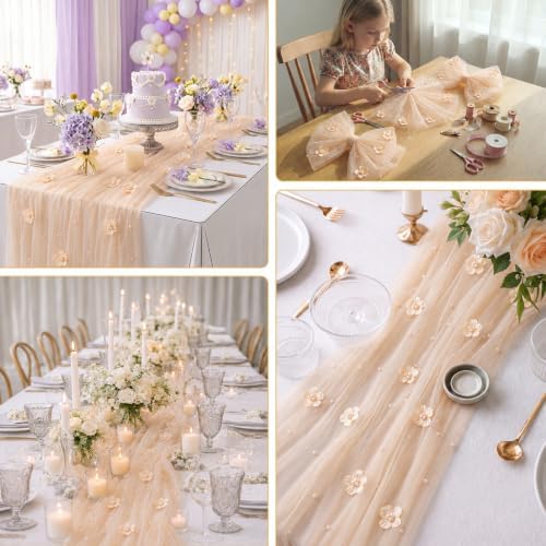 6 Pcs 29x120'' Pearl Tulle Table Runner 10ft Wedding Tablecloth, Gold - Image 4