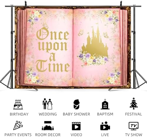 5x3ft Once Upon a Time Backdrop Fairy Tale Book Castle Photography Background Pink Floral Butterfly Princess Birthday Baby Shower Wedding Party Decor Photo Booth Props for Girls Photoshoot - Image 5