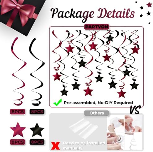 Burgundy Black Hanging Swirl Decorations 32ct with Star Cutouts - Image 3