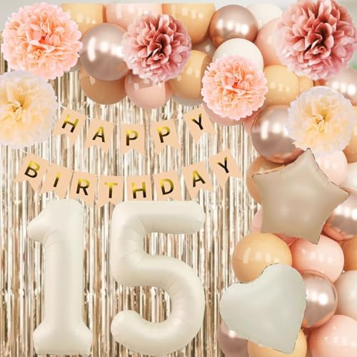 Beige Happy 15th Birthday Party Decoration Girls Cream Number 15 Balloon - Image 2