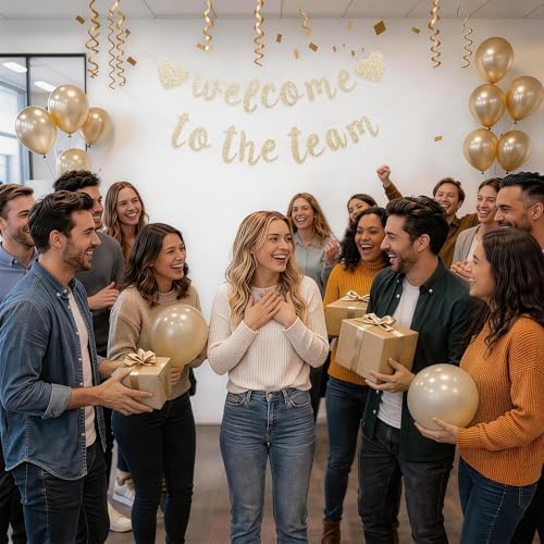 Welcome to the Team Banner Pre-Strung No DIY, Glitter New Employee Welcome Decorations for Office, Script Cursive 300gsm Cardstock with Heart Signs, Coworker Onboarding Party Supplies (Champagne Gold) - Image 6
