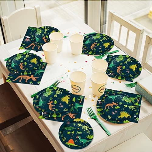 Tevxj 96PCS Dinosaur Tableware Set Fossil Dinosaur World Dinnerware Disposable Plates Dinosaur Theme Party Plates Napkins Forks for Dino Birthday Shower Party Decorations Supplies 24 guests - Image 6