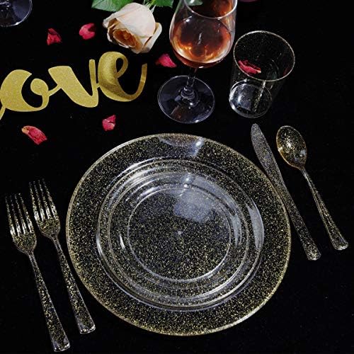 WELLIFE 175 Pieces Gold Glitter Plastic Plates with Silverware and Cups, Includes: 50 Plates, 50 Forks, 25 Knives,25 Spoons and 25 Cups for Party - Image 4