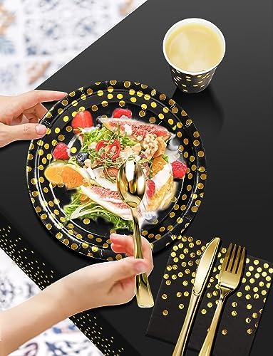 Nkaiso 141Pcs Black Gold Paper Plates and Napkins Party Supplies for20 - Image 3