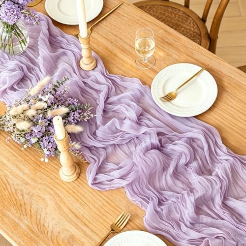 3Pcs Lilac Table Runner, 10FT Rustic Gauze Lavender Table Runner 35*120inch Boho Table Runners for Wedding Bridal Shower Baby Shower Table Centerpiece Decorations - Image 2
