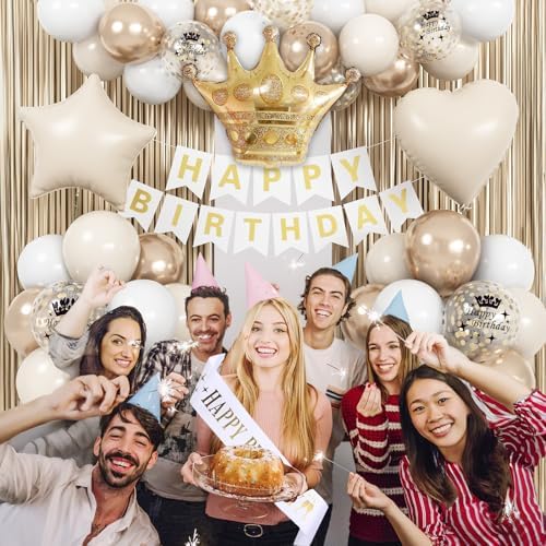 Birthday Decorations for Women, Champagne Gold Birthday Decortion White Beige Neutral Cream Gold Latex Balloons Banner Fringe Curtain for Women Girls Boho Party Supplies - Image 4