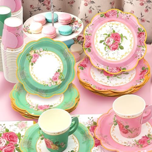 200Pcs Floral Tea Cups and Saucers for Tea Party Supplies, Disposable Tea Cups with Handle and Paper Napkins Dinnerware for Floral Theme Birthday Wedding Bridal Shower Baby Shower（Pink Green） - Image 2
