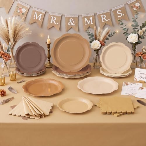 LemonRoad 100 Pcs Gradient Brown Paper Plates Napkins Tablecloth Set for 24 - Image 4