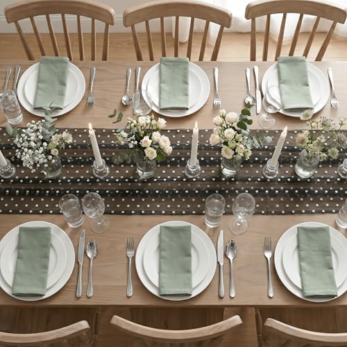 Artoid Mode Black Gauze Flocking White Dots Table Runner 10FT, Halloween Sheer Dining Table Decor for Wedding Anniversary Holiday Birthday Home Party - Image 3