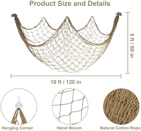 10x5 Ft Fish Net Decorations Party, 3 Pcs Brown Fishing Net Halloween Decor - Image 2