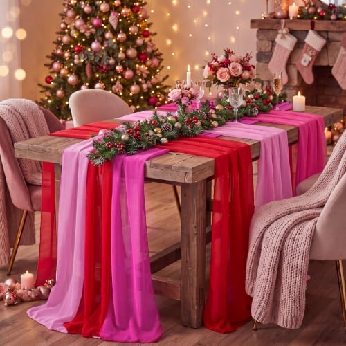 Boao 6 Pcs Pink Christmas Decorations Red and Pink Chiffon Table Runner by Boao