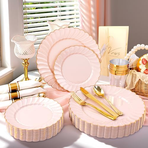 YOUBET 350PCS Pink Scalloped Plastic Plates for Wedding Party - Image 3
