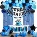 Blue and Black Happy Birthday Party Decorations kit for Boys Men Women with Happy Birthday Banner, Fringe Curtain,Foil Balloons,Cake Topper for birthday decor (blue black) by YGBMDZ