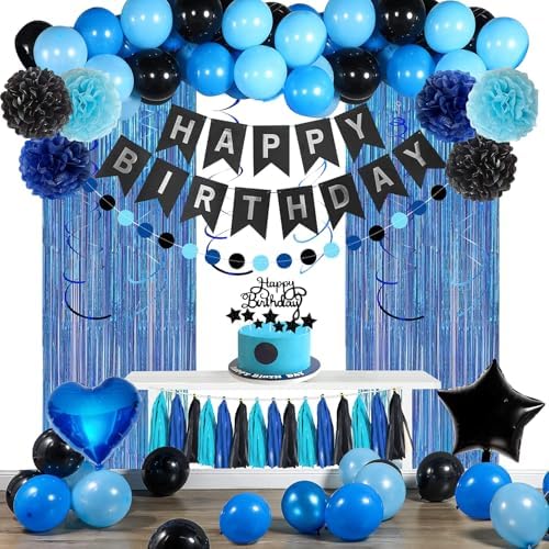 Blue and Black Happy Birthday Party Decorations kit for Boys Men Women with Happy Birthday Banner, Fringe Curtain,Foil Balloons,Cake Topper for birthday decor (blue black) by YGBMDZ