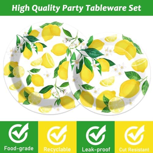 Wiooffen 96 Pcs Lemon Party Yellow Lemons Summer Party Decoration For Birthday Party Tableware Set Lemon Theme Party Paper Plate Napkin Fork 24 Guests - Image 3