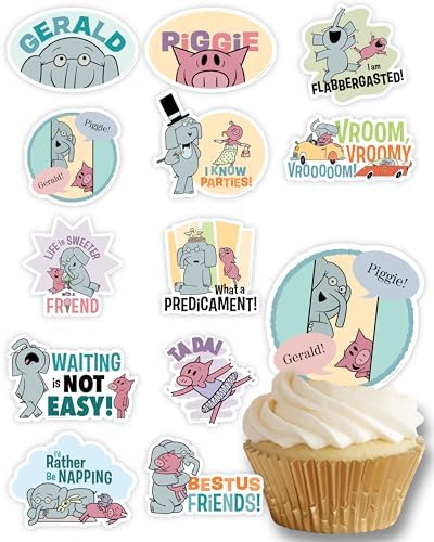 Elephant and Piggie Stickers Willems Party Decorations (24 Cupcake Toppers) by PartyKandyDecorGifts