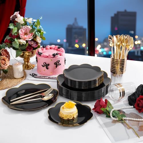 ejonirinjonir 180pcs Double Gold Rim Black Plastic Plates for Birthday - Image 6