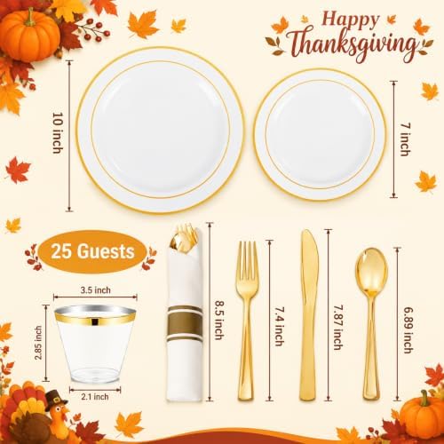 WDF Partyware 175PCS White and Gold Plastic Plates - Gold Plates with Rolled Napkins for Party - 25Guest Disposable Dinnerware Sets for Thanksgiving/Wedding/Birthday - Image 3